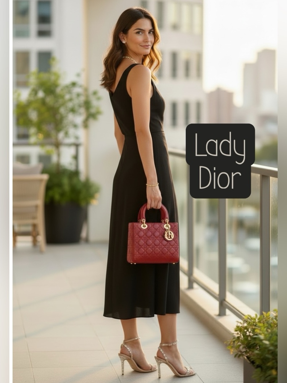 Christian Dior Red Quilted Canage Leather Lady Dior Medium Tote Auth